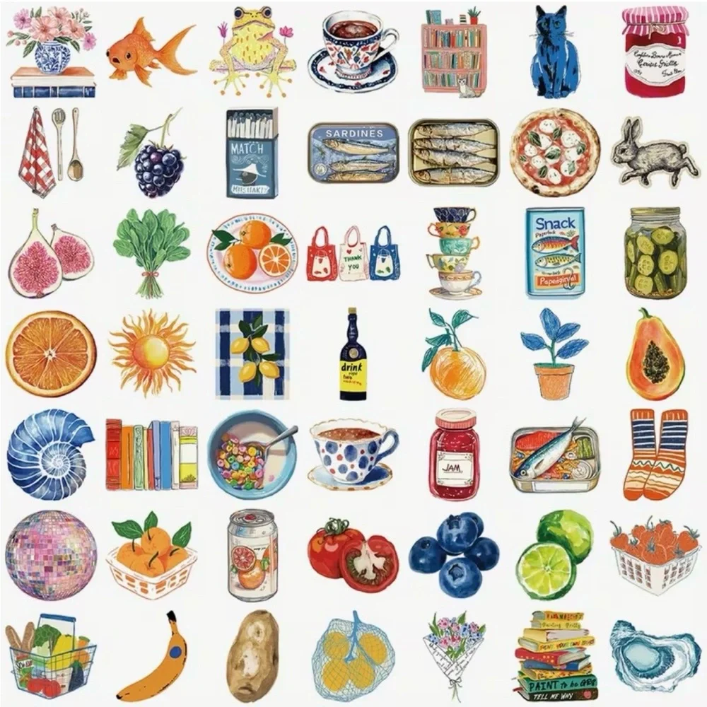 100 Mediterranean Stickers Summer Fruit Sardine Shells Tomato Lemons Italian - Picture 2 of 7